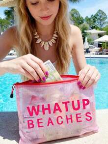 Waterproof Fashion Mesh Beach Bag With "WHATUP BEACHES" Printed Colorful Makeup Bag, Beach Themed, Large Capacity Transparent Cosmetic Bag, Lightweight Sun-Proof Storage Pouch, Essential For Beach, Nylon Zipper Toiletry Bag, Suitable For Swimming, Beach, Diving And Summer Vacation, Back To School, Birthday, Holiday, Party, Wedding (Bridesmaid) Gifts And Souvenirs - Multicolor - View 3