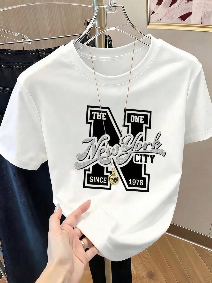 Women's Short-Sleeved Printed T-Shirt, Spring Clothing, Holiday Outfit, White For Summer, Beach Look, Vacation Style, Country Style, Women's Office Outfit. - trắng - Xem 1