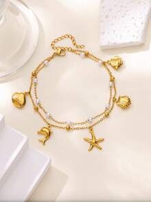 1 chiếc vòng chân hai lớp hình sao biển và ngọc trai bằng thép không gỉ mạ vàng 18K, phụ kiện đi biển mùa hè, quà tặng hàng ngày cho phụ nữ - Vàng - Xem 3