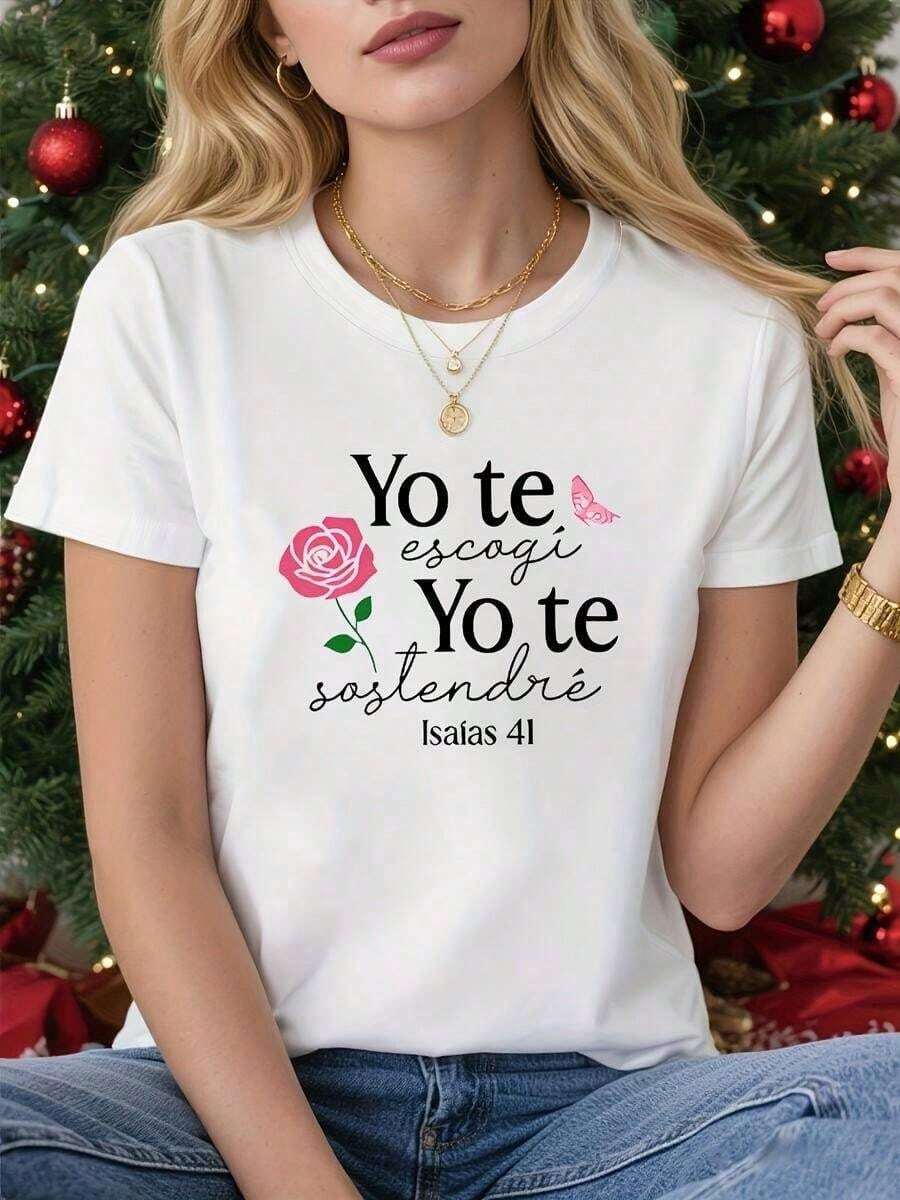 short sleeves1 pcsCamiseta de Versículo Bíblico Español para Mujer - Camiseta Inspiradora de Fe Cristiana 416 con Escritura Española Yo te escogí Yo te sostendré - Camiseta Blanca de Manga Corta con Cuello Redondo, Perfecta para la Iglesia o Ropa Casual, Top Ligero de Vera180g 100% CottonLeisure - Blanco - Ver 1