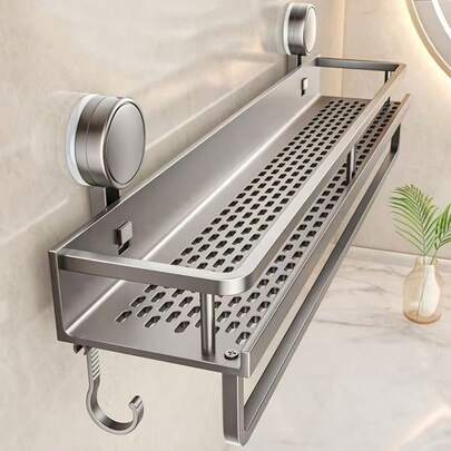 1pc Stainless Steel Bathroom Shelf With Suction Cup - Heavy Duty Polished Floating Rack With Towel Hook, Space-Saving Bathroom Storage Organizer For Shampoo, Soap And Accessories, Bathroom Caddy, Bathroom Tray