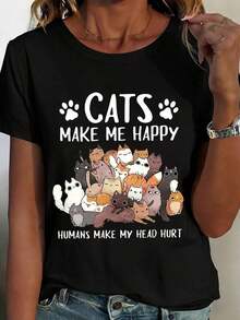 Women's Clothing "Cats Make Me Happy" T-Shirt With White Cat Print And Graphic Text For Casual Wear And Pet Lovers, Women's Shirts - 黑色 - 查看 2