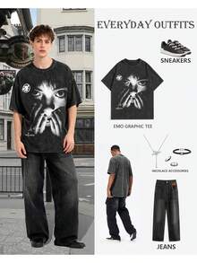 Washed - Camiseta de manga corta de algodón lavado al ácido con diseño de carreras para hombre, estilo vintage, holgada, estilo urbano, para verano. - Negro - Ver 4