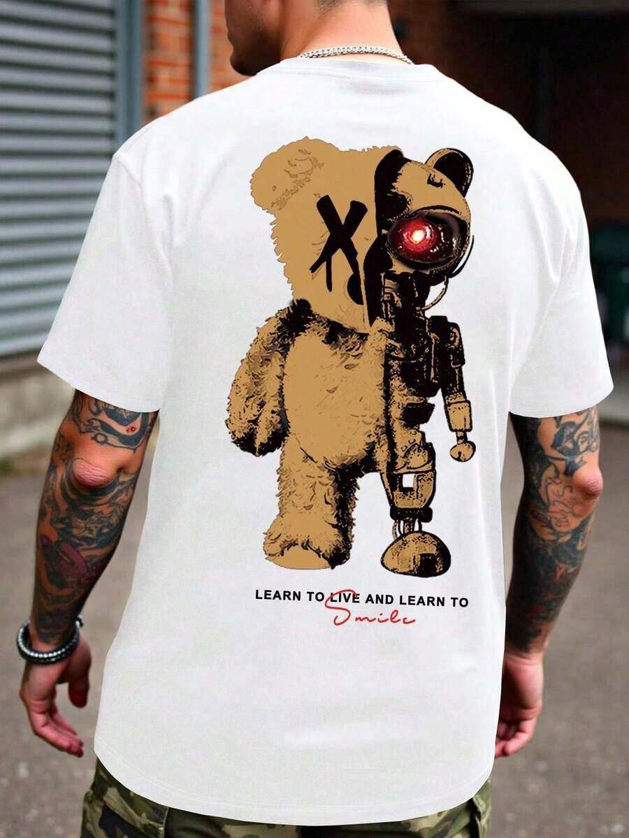 Manfinity Roughcore Hombres Camiseta con estampado de oso y letra - Blanco - Ver 1