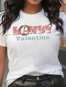 Camiseta de Cuello Redondo de Talla Grande con Estampado de San Valentín, Texto Rosa y Azul con Diseño de Corazón Floral para San Valentín, Camisetas para Mujer, Camisetas de San Valentín, Cómodas de Usar, Adecuadas para Todas las Temporadas, Hechas de Tela de Algodón Puro de Baja Elasticidad, La Mejor Opción para Regalos de San Valentín (Tallas S-4XL). - Blanco - Ver 1