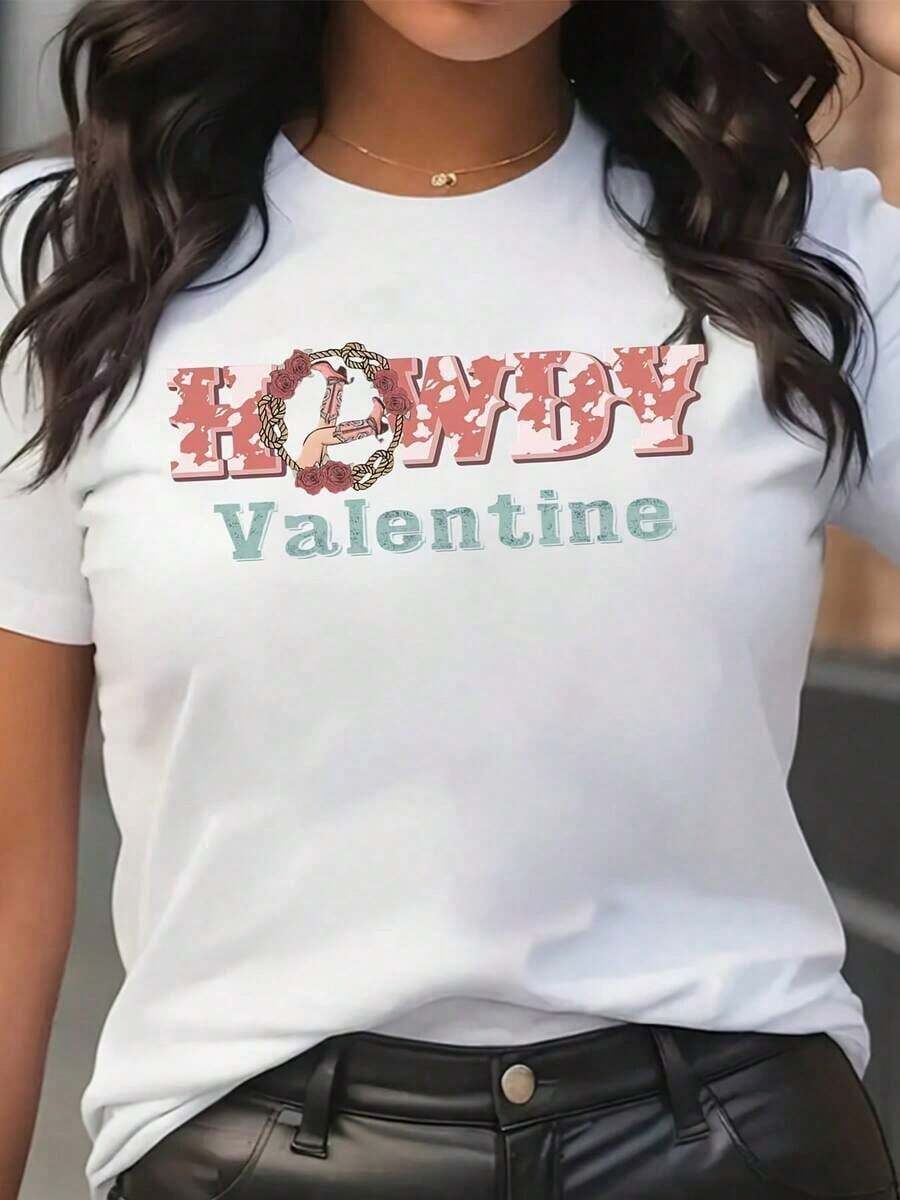 Camiseta de Cuello Redondo de Talla Grande con Estampado de San Valentín, Texto Rosa y Azul con Diseño de Corazón Floral para San Valentín, Camisetas para Mujer, Camisetas de San Valentín, Cómodas de Usar, Adecuadas para Todas las Temporadas, Hechas de Tela de Algodón Puro de Baja Elasticidad, La Mejor Opción para Regalos de San Valentín (Tallas S-4XL). - Blanco - Ver 1