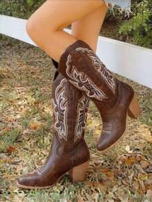 Fashion Retro Women's Cowboy Boots Pointed Toe Embroidery Block High Heel Pull On Wide Calf Cowgirl Boots Country Concert Outdoors Summer Boots - 棕色 - 查看 3