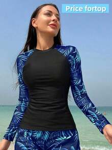Swim SPRTY Top de tankini con mangas raglán, bloque de color e impresión tropical de playa de verano (1 pieza de top solamente) - Azul marino - Ver 1