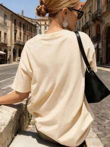 New Summer 2026 Model, Women's Printed Short Sleeve T-Shirt, 1 Piece, For Summer, Polyester Fabric, Multifunctional Style, Regular Fit, Weight 180 Grams, 1 Unit. 100% Cotton, Suitable For Outdoor Outings And Everyday Street Wear. - 杏色 - 查看 2