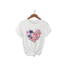 Camiseta informal de manga corta para mujer con estampado floral de corazones, tejido de punto, largo regular, ideal para el verano. - Blanco - Ver 1