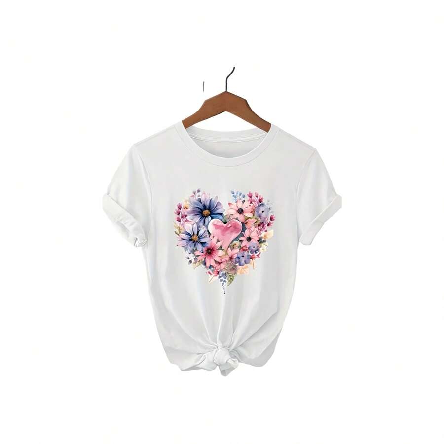 Camiseta informal de manga corta para mujer con estampado floral de corazones, tejido de punto, largo regular, ideal para el verano. - Blanco - Ver 1
