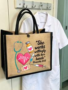 Leinen-Segeltuch-Tragetasche-Set, eine Segeltuch-Tragetasche Muster mit Herz, Verband, Stethoskop und medizinischen Utensilien-Mustern, perfektes Geschenk für Krankenschwestern, Pflegestudierende, Ärzte und medizinisches Personal. Diese Tragetasche mit großer Kapazität hat stabile Griffe und eignet sich für Arbeit, Klinik, Krankenhaus und Reisen. - Verschiedenfarbig - Übersicht 2