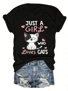 Women's Casual Sports T-Shirt In Black With Fun Cartoon Cat Design And Pink Heart Accents - Elastic Crew Neck T-Shirt, Machine Washable, Comfortable Fit And Suitable For All Seasons, Perfect For A Casual Look. - 黑色 - 查看 6