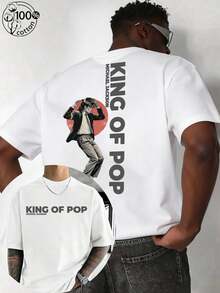 Men's T-Shirt, 100% Cotton Low Stretch Crew Neck, Vintage King Of Pop Classic Stage Performance Front & Back Print, Regular Fit Drop Shoulder Breathable Short Sleeve, Suitable For Daily Casual, Music Festival, Concert, Pop Fans, Street Style, Gift - 白色 - 查看 13