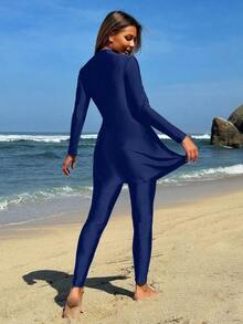 Swim  Set de 2 piezas de burkini para mujer, top tipo camiseta de unicolor con cordón y pantalones, ropa de baño árabe para playa de verano - Azul marino - Ver 2