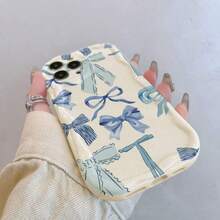 Cute Blue Bow Pattern Phone Case, Retro Aesthetic Shock-Proof Protective Cover, Suitable For Galaxy///Honor/HW// - Creamy Yellow - View 4