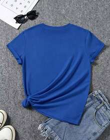 Casual T-Shirt With Sunflower Print - With Bow Design - Casual Round Neck, Short Sleeve,  Spring/Summer T-Shirt - Unisex Loose Cotton T-Shirt With Short Sleeves And Urban Vintage Style Round Neck. - Azul - 查看 2