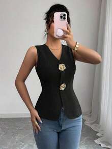 Blusa exterior con cuello en V ajustada con decoración de botones dorados con rosas - Negro 2 - Ver 6