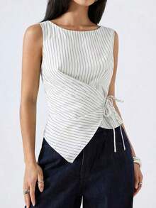 Camiseta de mujer de unicolor con dobladillo asimétrico, cintura con lazo y cuello redondo - Blanco - Ver 4