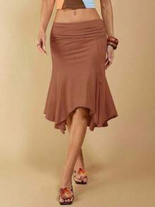 Falda Elegante Casual Asimétrica con Volantes para Mujer KGhn, Falda Negra de Primavera/Verano - Marrón 2 - Ver 12