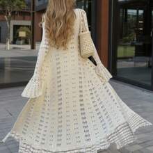 FOR BEAUTY V-Neck Long Sleeve Knit Dress, Fitted Casual Vacation Design, Sheer Flare Sleeve Bohemian Long Dress, Suitable For Beach, Seaside, Swimming - Albaricoque - Ver 1
