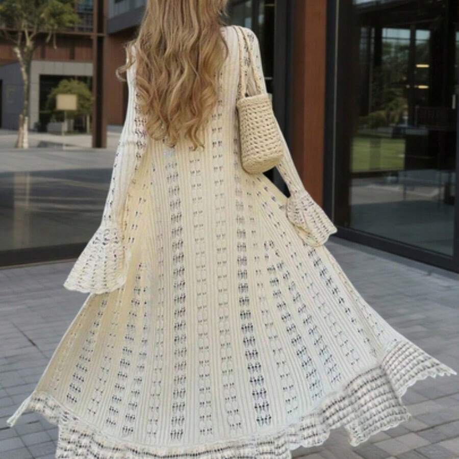 FOR BEAUTY V-Neck Long Sleeve Knit Dress, Fitted Casual Vacation Design, Sheer Flare Sleeve Bohemian Long Dress, Suitable For Beach, Seaside, Swimming - Albaricoque - Ver 1