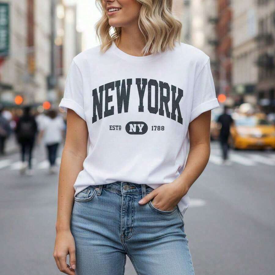 Women's Cotton T-Shirt With "NEW YORK ESTD 1788" Print, Classic Round Neck, Short Sleeve, Casual Style, Loose Fit, Sizes S-5XL, Vintage Letter Print For Everyday Wear, In Black And White. - 白色 - 查看 1