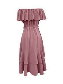 Vestido de verano para mujer con un solo hombro y mangas cortas asimétrico - Rosa Oxidada - Ver 2