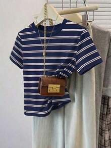 Camiseta holgada de cuello redondo y manga corta de estilo minimalista casual para mujer, con estampado de rayas, conjunto de ocio para mujer - Multicolor 5 - Ver 8
