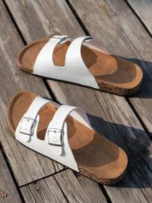 Men's Fashion Sandals With Cork Sole And Comfortable Insole, Buckle Strap Adjustable Size Slouchy Slip-On Style, Suitable For Summer Beach Outdoor Walking Unisex Slippers - White - View 6