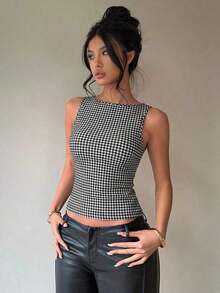 Blusa sin espalda y sin mangas con cuello redondo y lazo para el uso diario y viajes de la mujer - Blanco y Negro - Ver 3