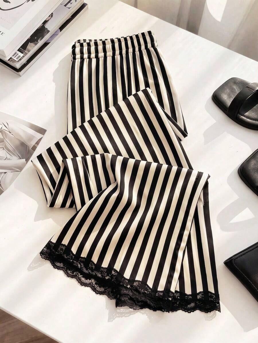 Pantalones rectos sueltos con cintura elástica, estampado de lunares y parches de encaje, adecuados para uso diario.Pantalones de lunares, pantalones con ribete de encaje, pantalones blanco y negro, pantalones de lunares blanco y negro para mujer - Multicolor - Ver 1