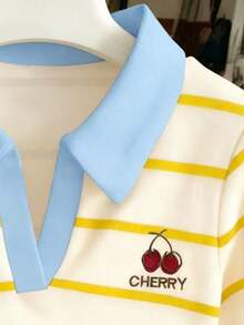 Camiseta casual versátil de mujer con cuello polo a rayas y manga corta - Multicolor 5 - Ver 3
