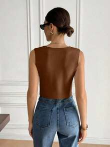Chaleco elegante de mujer de unicolor con cuello en V sin mangas, decorado con botones metálicos, para verano, playa, vacaciones, estilo boho, tropical, casual, de oficina, de salida elegante, para la escuela y vacaciones, color albaricoque - Marrón - Ver 2