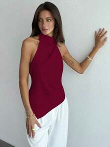 Top sin espalda con cuello halter y bajo asimétrico de unicolor púrpura para mujer, verano, vacaciones.Sencillo y elegante para uso diario y oficina. - Rojo - Ver 5