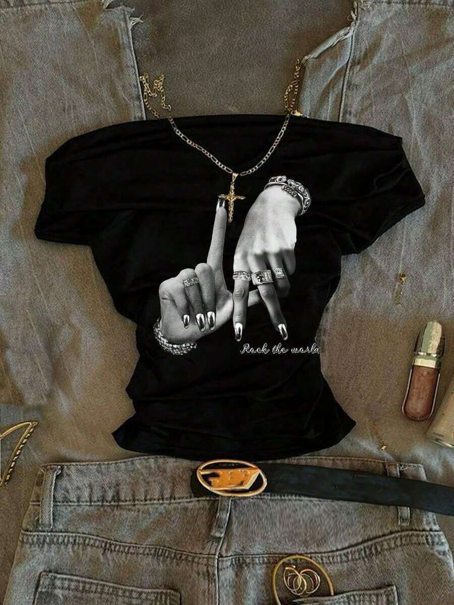 Camiseta de manga corta ajustada con hombros descubiertos y pliegues en la cintura, con estampado de limón, adecuada para el verano - Negro 5 - Ver 1