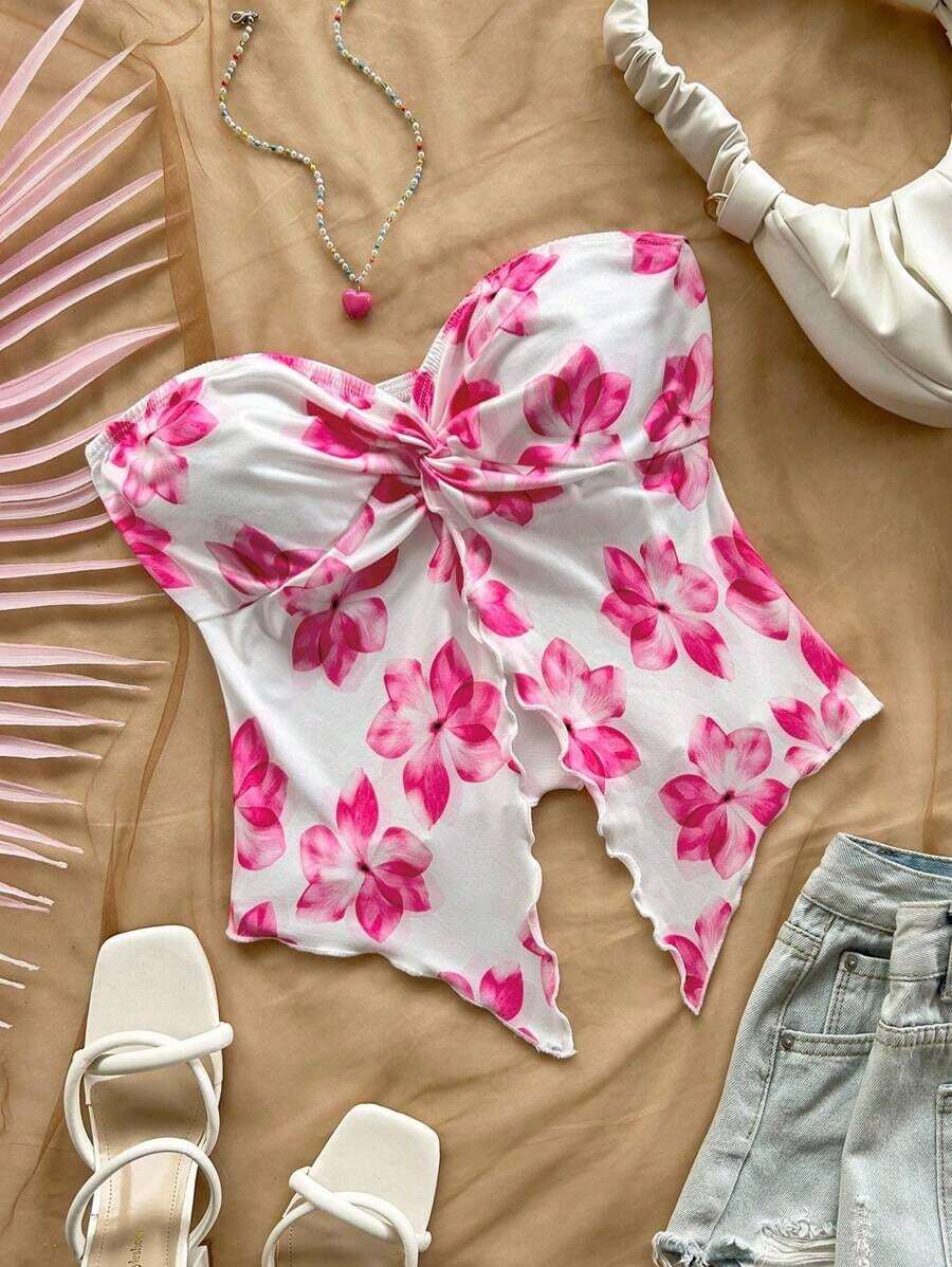 Nuevo estilo de top tubo de punto estampado rosa con dobladillo retorcido asimétrico y espalda descubierta para playa, resort, festival de música y verano bohemio para mujeres - Rosa Pálido - Ver 1