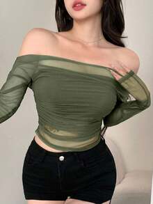 Blusa de mujer de malla elástica transparente con hombros descubiertos, blusa de manga larga para mujer de primavera/verano - Verde Oliva - Ver 5