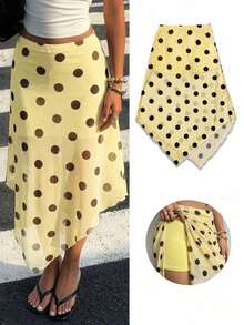Falda semitransparente con estampado de lunares y bajo asimétrico, estilo vintage de playa y vacaciones para mujer, primavera/verano - Amarillo - Ver 7
