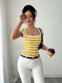 Camiseta de punto de rayas ajustada, estilo minimalista francés, top casual de manga corta, ideal para fiestas, primavera/verano - Amarillo - Ver 6