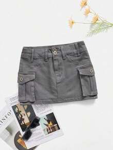 Minifalda de tela vaquera de tiro bajo, de moda para el verano - Gris Claro - Ver 1