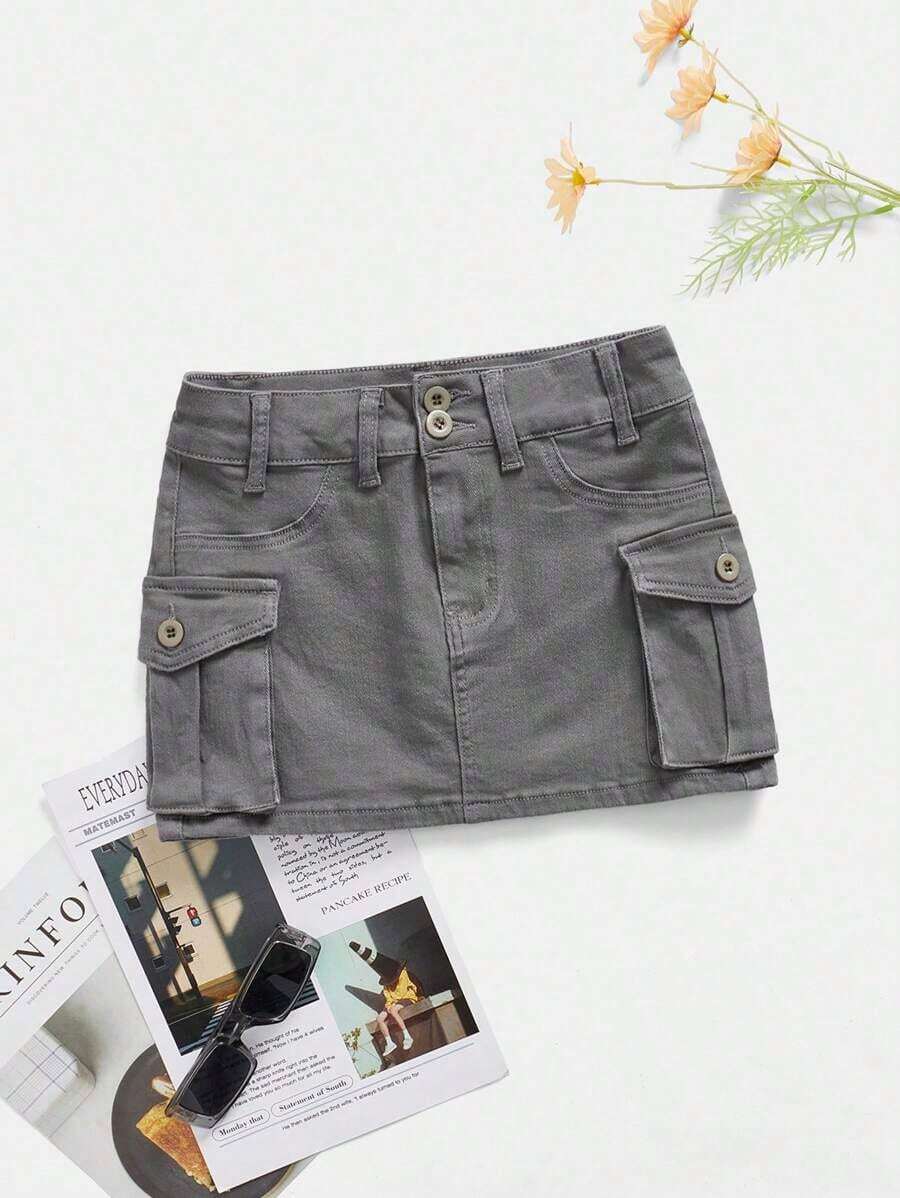 Minifalda de tela vaquera de tiro bajo, de moda para el verano - Gris Claro - Ver 1