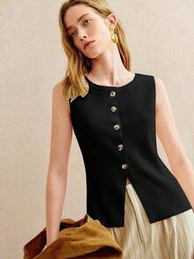 Blusa de punto sin mangas con botones delanteros de unicolor para uso casual y de oficina para mujeres - Negro - Ver 4