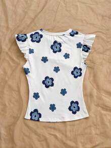 Camiseta casual de mujer con cuello redondo, mangas de volantes y estampado floral, blusas florales para mujer, blusas con mangas de volantes, para salir, blusas de manga corta lindas - Azul y blanco 2 - Ver 2