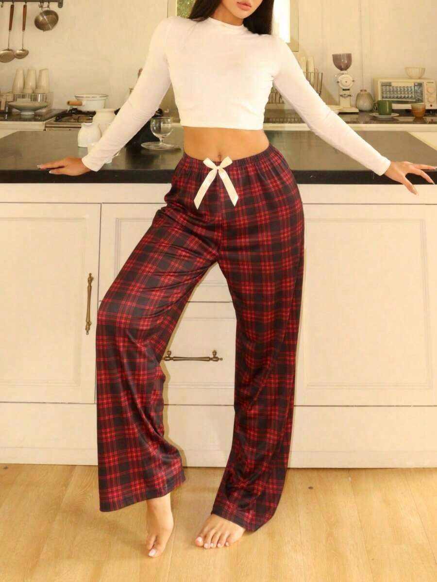 Pantalones de pijama holgados con lazo y estampado de cuadros para mujer, otoño e invierno - Multicolor 2 - Ver 1