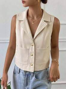 Chaqueta ajustada sin mangas de cuello redondo de unicolor para mujer, primavera/verano - Albaricoque 4 - Ver 4
