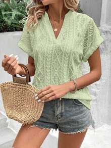 Camiseta suelta de mujer de manga de murciélago con escote en pico, de tela texturizada de unicolor, para verano y vacaciones - Verde 2 - Ver 4