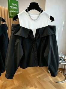 Blusa suelta de manga larga y hombros descubiertos de moda para mujeres - Blanco y Negro - Ver 3