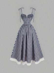 Vestido midi de estilo romántico y campestre con estampado de cuadros rojos y blancos - Azul marino - Ver 3