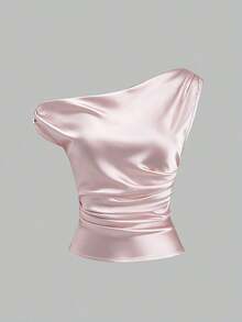 Sweetro Blusa de un solo hombro de estilo francés nueva para primavera/verano, blusa de satén rosa con diseño de volantes, adecuada para ocasiones casuales, de fiesta y de noche - Rosa - Ver 3